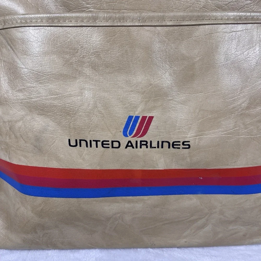 Vintage 70s United Airlines Faux Leather Carry On Bag Tan Tulip Logo Exclusive - Picture 6 of 11